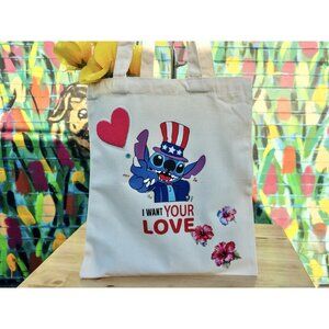 LILO & STITCH I Want Your Love Canvas Tote Bag - Custom Handmade With Chenille